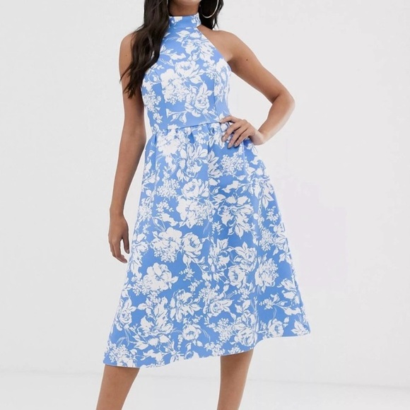 ASOS Dresses & Skirts - NWT ASOS Design Blue & White Floral Halter Midi Skater Fit & Flare Dress size 0